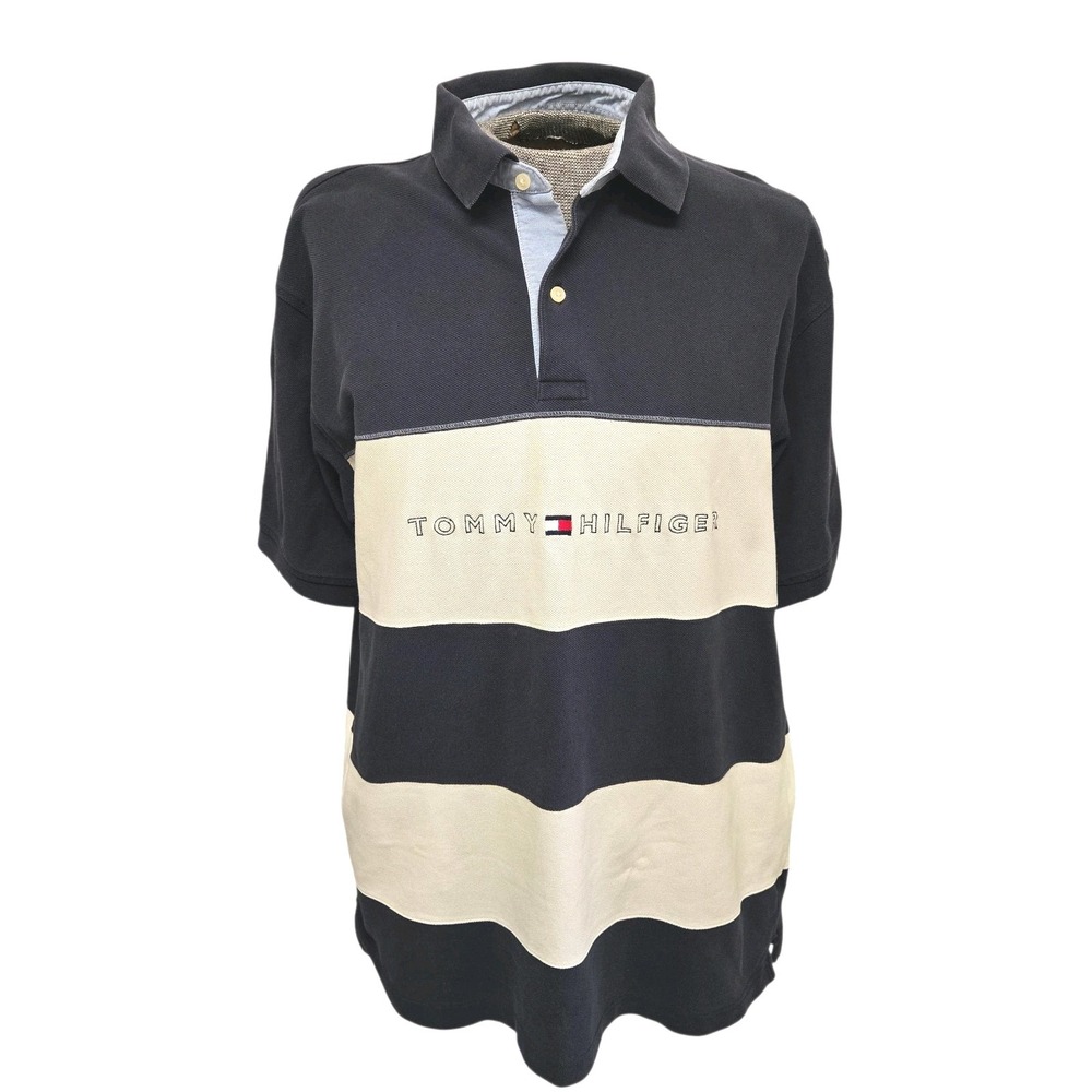 Vtg Tommy Hilfiger Spellout Short Sleeve Polo Shirt Rugby Stripes Flag Logo XL
